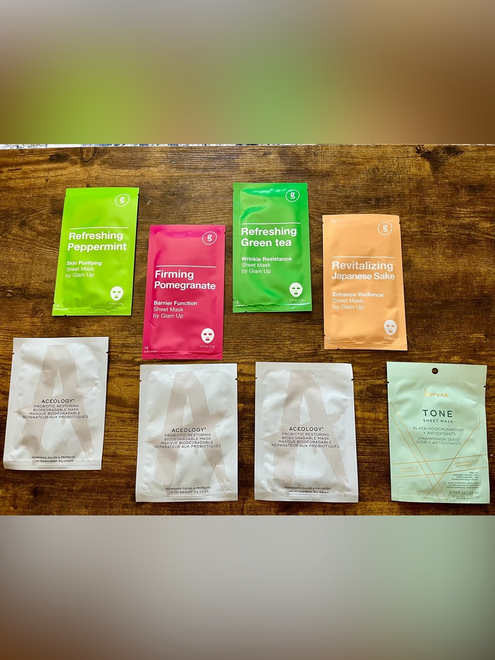 8 Assorted Sheet Masks bundle- including  3 Aceology probiotic restoring masks
